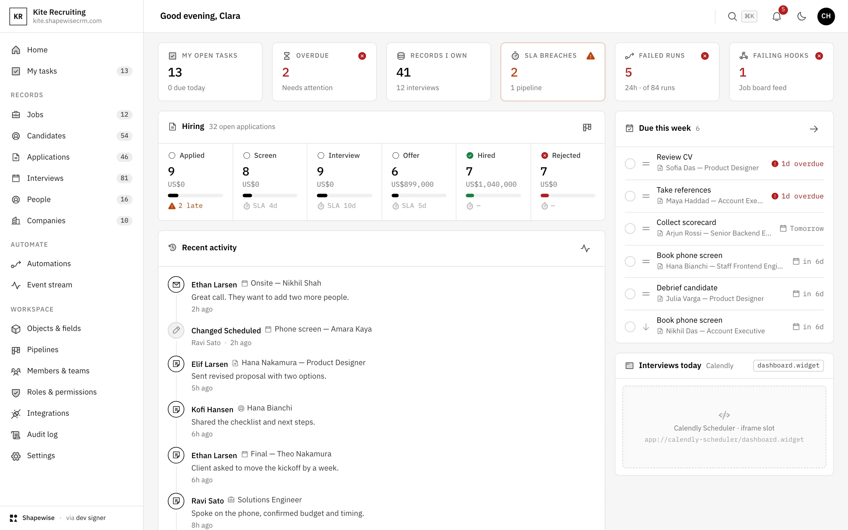 Shapewise Recruiting CRM: know who needs you today — demo data for Kite Recruiting