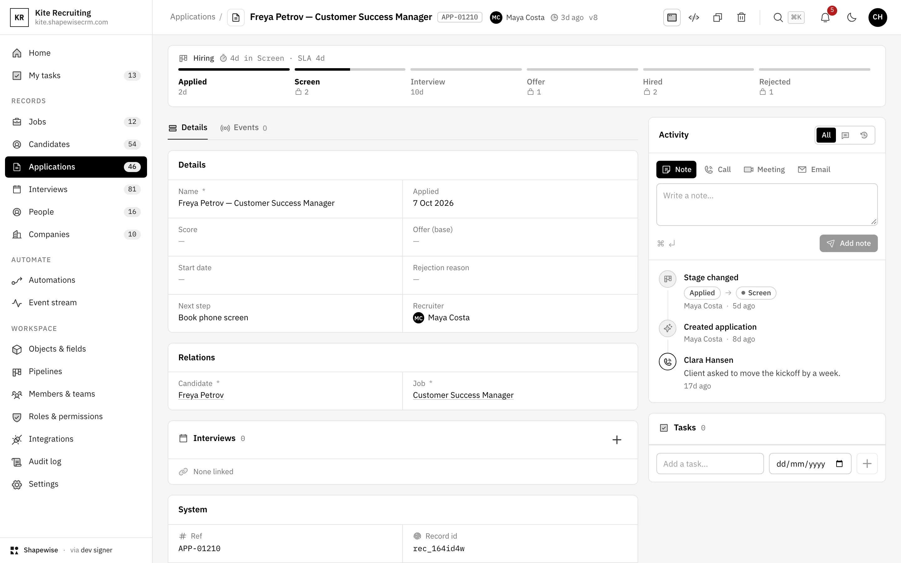 Shapewise Recruiting CRM: the whole application on one page — demo data for Kite Recruiting
